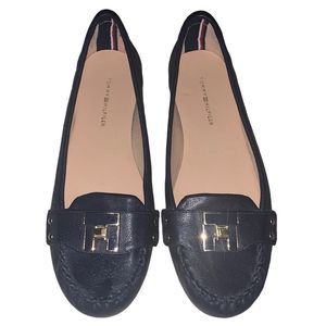 TOMMY HILFIGER navy & gold slip on flats 6